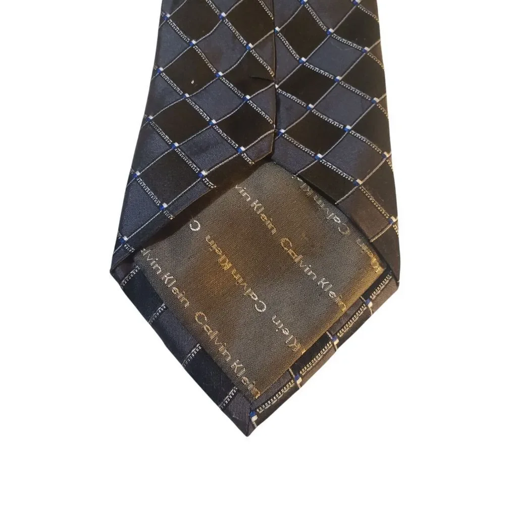 Calvin Klein Mens Tie Necktie‎ Designer Luxury Black Gray Geometric Businesscore
